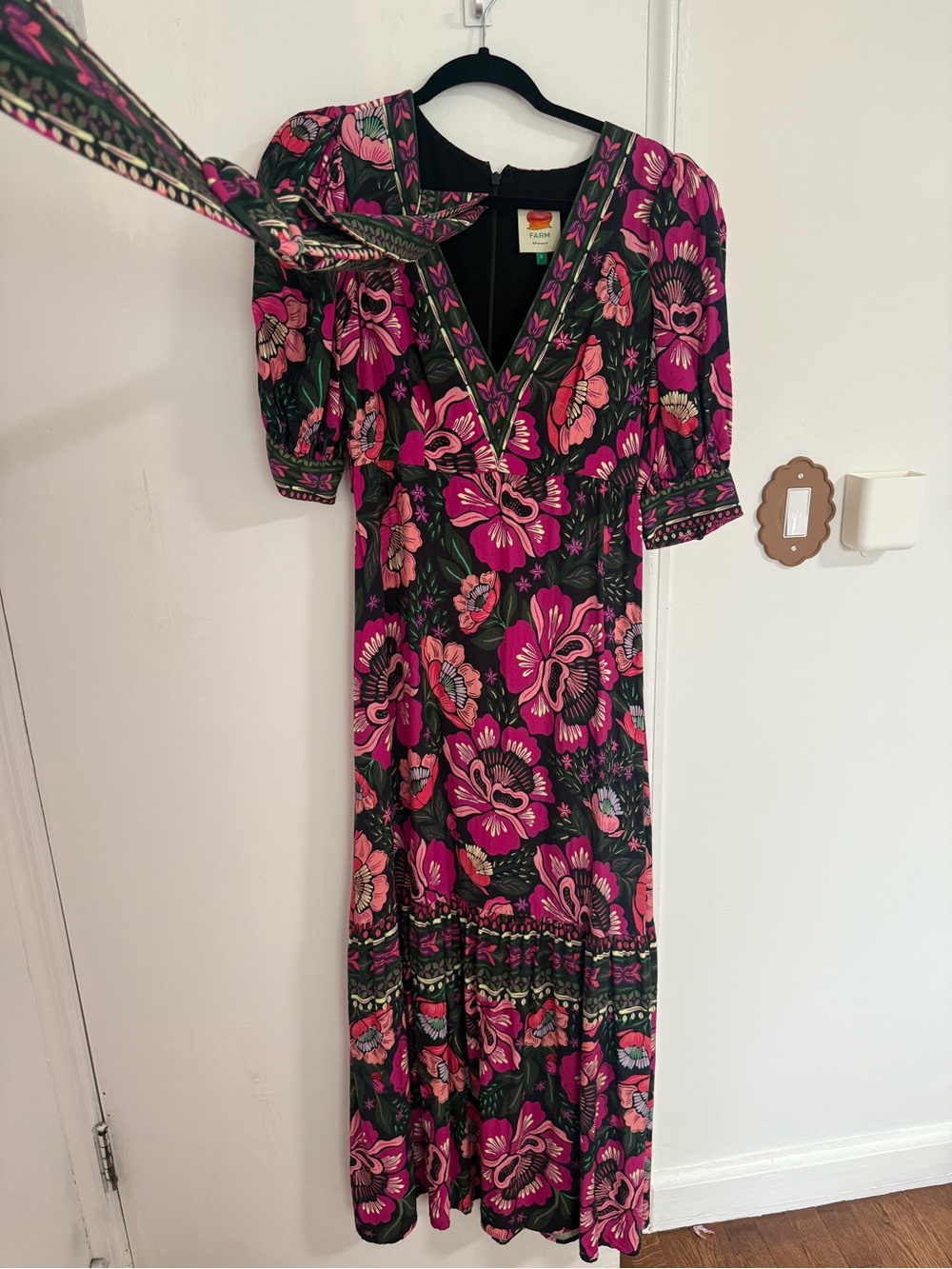 FARM Rio Black Maxi Dress with Pink and Green Floral Print